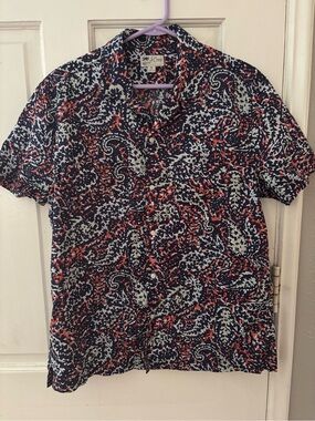 J.Crew Men's Blue White Red Paisley Short Sleeve Woven Cotton Button-Up M